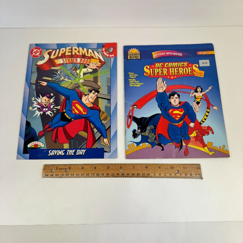 2 Vtg 90s Superman Super Heroes Soft Cover Sticker Book Paint‎ w Water DC Comics